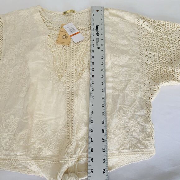 NWT Democracy Blouse Beige S Embroidered Open Crochet Lace Peasant Boho Cottage - Picture 8 of 10